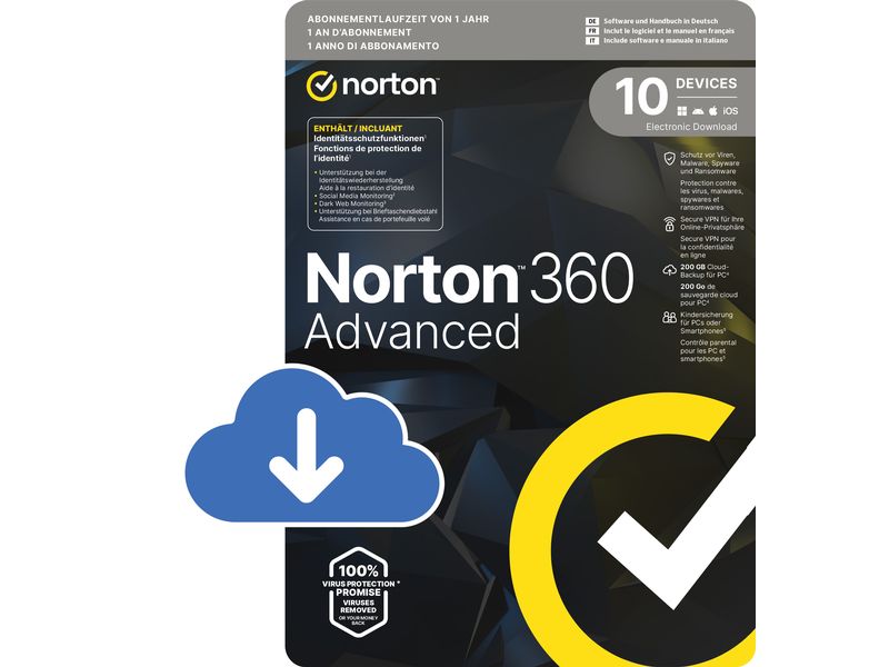 Norton 360 Advanced ESD, 10 Device, 1 Jahr, 200GB Cloud Spe Leistungsstarker Virenschutz