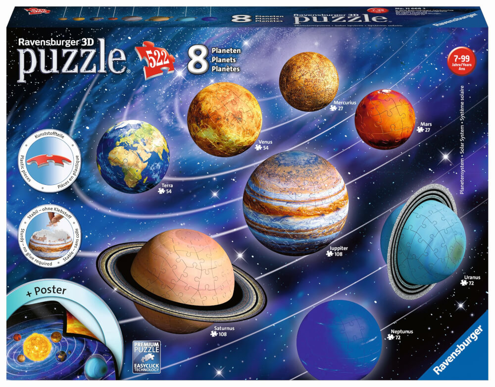 Ravensburger 3D Puzzle Planetensystem 11668 - Planeten als 3D Puzzlebälle - Sonnensystem für Kinder - 522 Teile - ab 6 J