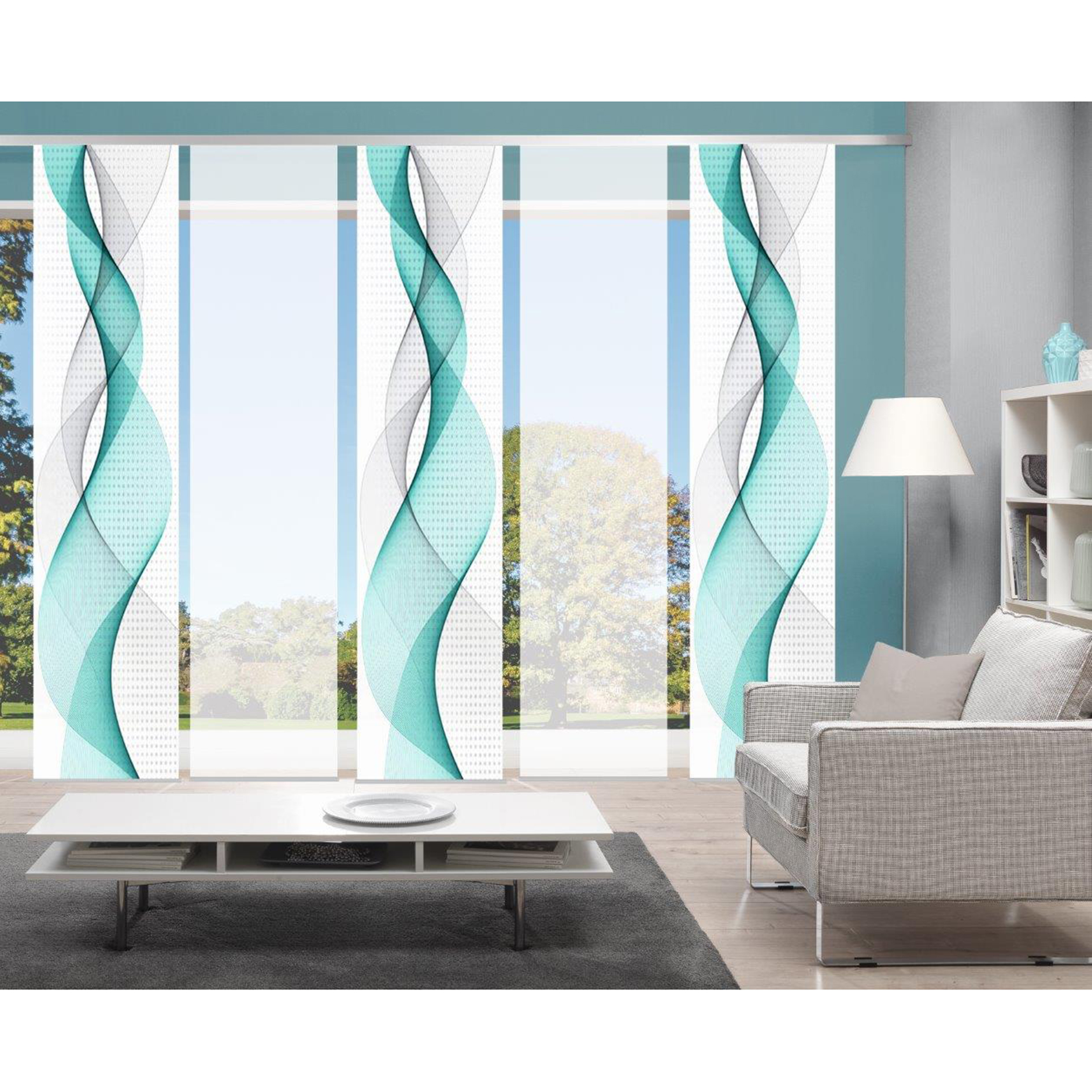 5-teiliges Schiebevorhang-Set OPALIA - türkis - je 60x245 cm