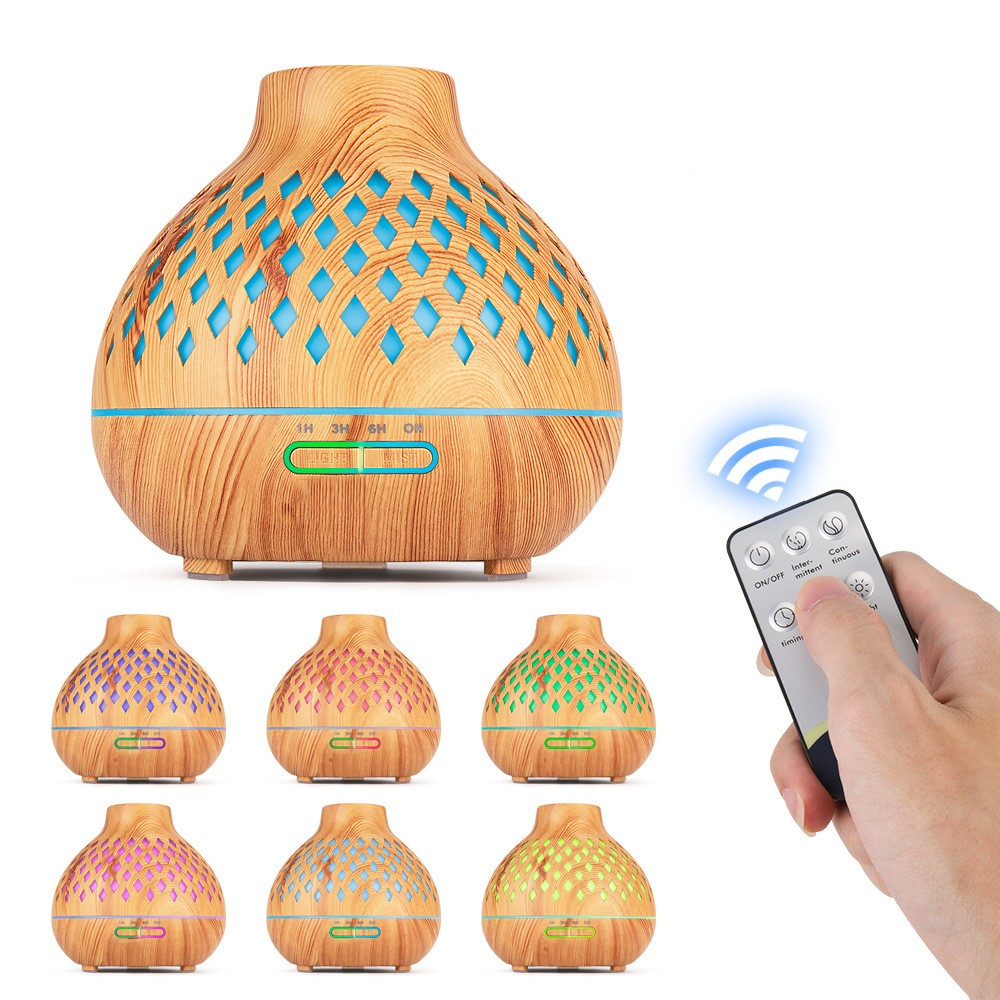 (400ml) 155x160mm Ultraschall Luftbefeuchter Aroma Öl Diffuser   Fernbedienung in Holz Optik mit LED Beleuchtung- Hellbraun