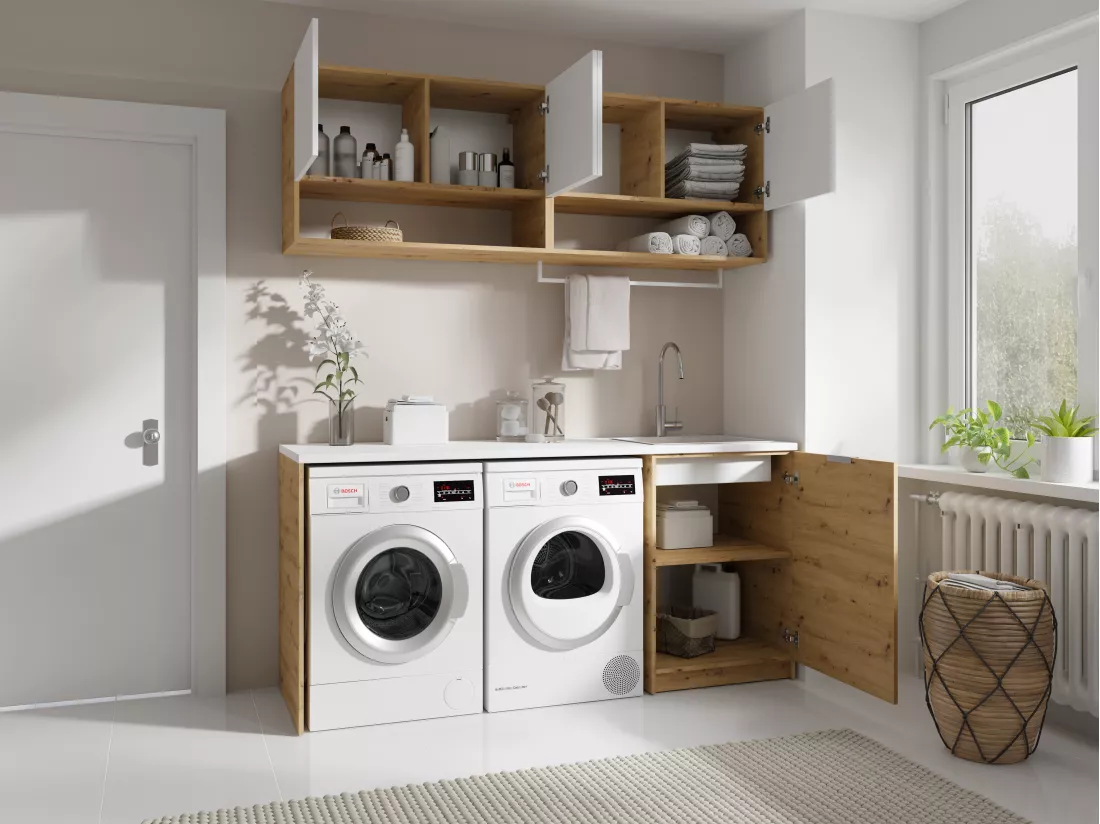 Meubles de buanderie pour machine à laver avec plan de travail - L182 cm - Blanc et naturel clair - NATAJI