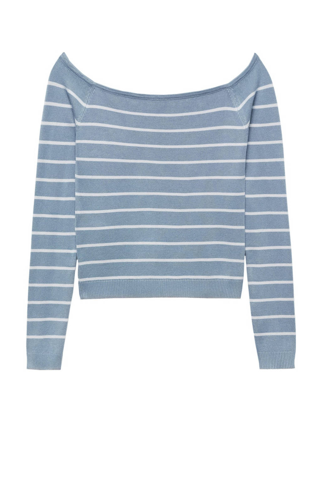 MANGO TEEN gestreepte fijngebreideoff shoulder top middenblauw/wit