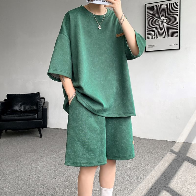 Freehop - Set: T-shirt met ronde hals en applicatie, 3/4-mouwen + shorts met elastische taille