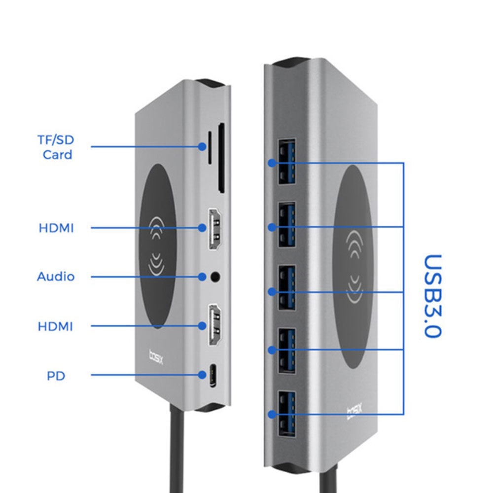 14in1 USB C Multiport Adapter mit Qi-Charger / 2x 4K HDMI / VGA / USB C / 5x USB 3.0 / LAN / 3.5mm Audio / SD & Micro SD Kartenlesegerät - Grau