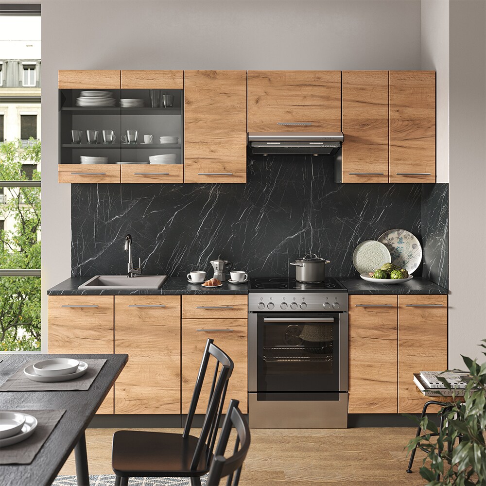 Vicco Küchenzeile Küchenblock Einbauküche Fame-Line Anthrazit Eiche 240 cm modern Küchen Schränke Spülenunterschrank Schubunterschrank Hängeschrank Hängeglasschrank