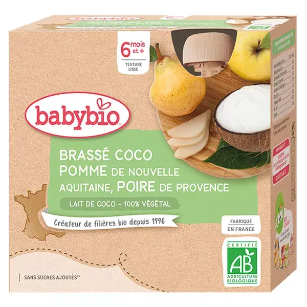 Sobremesas orgânicas à base de plantas Babybio em sachê com leite de coco, maçã e pera +6 meses 4 x 85g