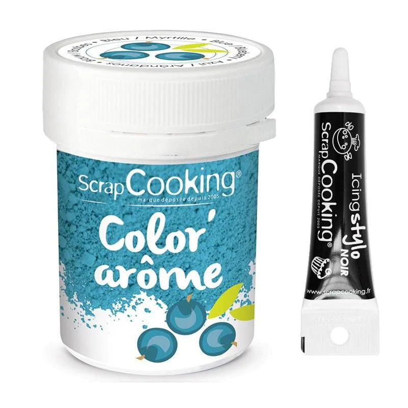 Colorant alimentaire bleu arôme myrtille 10 g + Stylo glaçage noir Scr