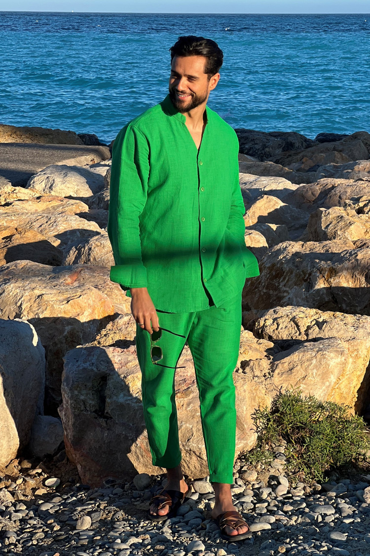 Ensemble 2 pièces chemise + pantalon effet lin vert