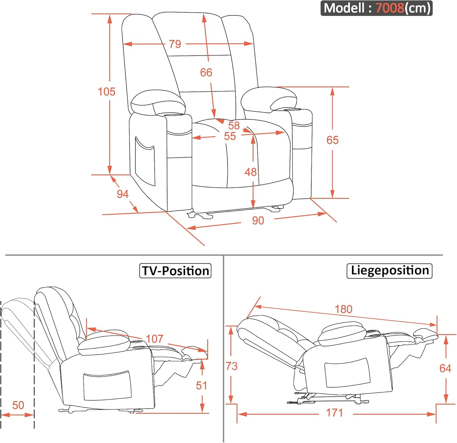 M MCombo Fernsehsessel elektrisch verstellbar, Relaxsessel mit Liegefunktion, TV Sessel mit Massage & Wärmefunktion, USB & Getränkehalter, 35D Vollschaum-Sitzkissen 7008 (Stoff, Beige)