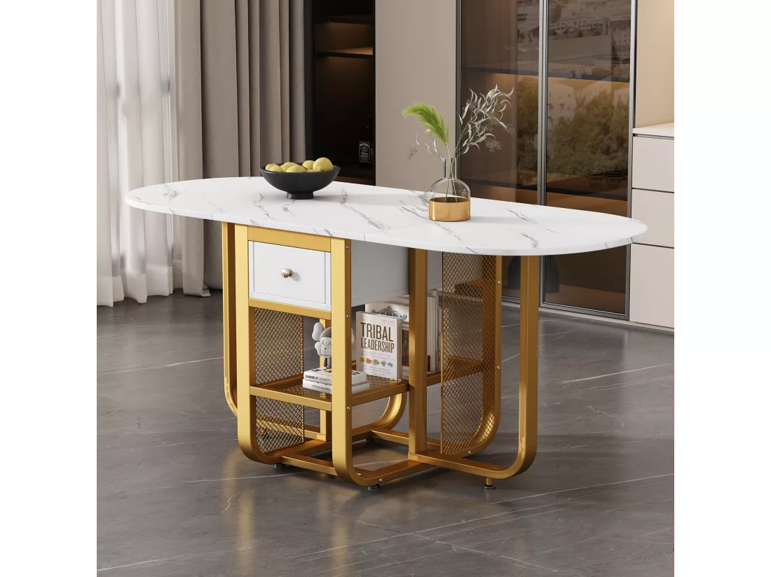 Table à manger ovale extensible 4 à 6 couverts avec 2 tiroirs - L160xW70xH75cm - Panneau de particules - Motif marbre - Blanc + or