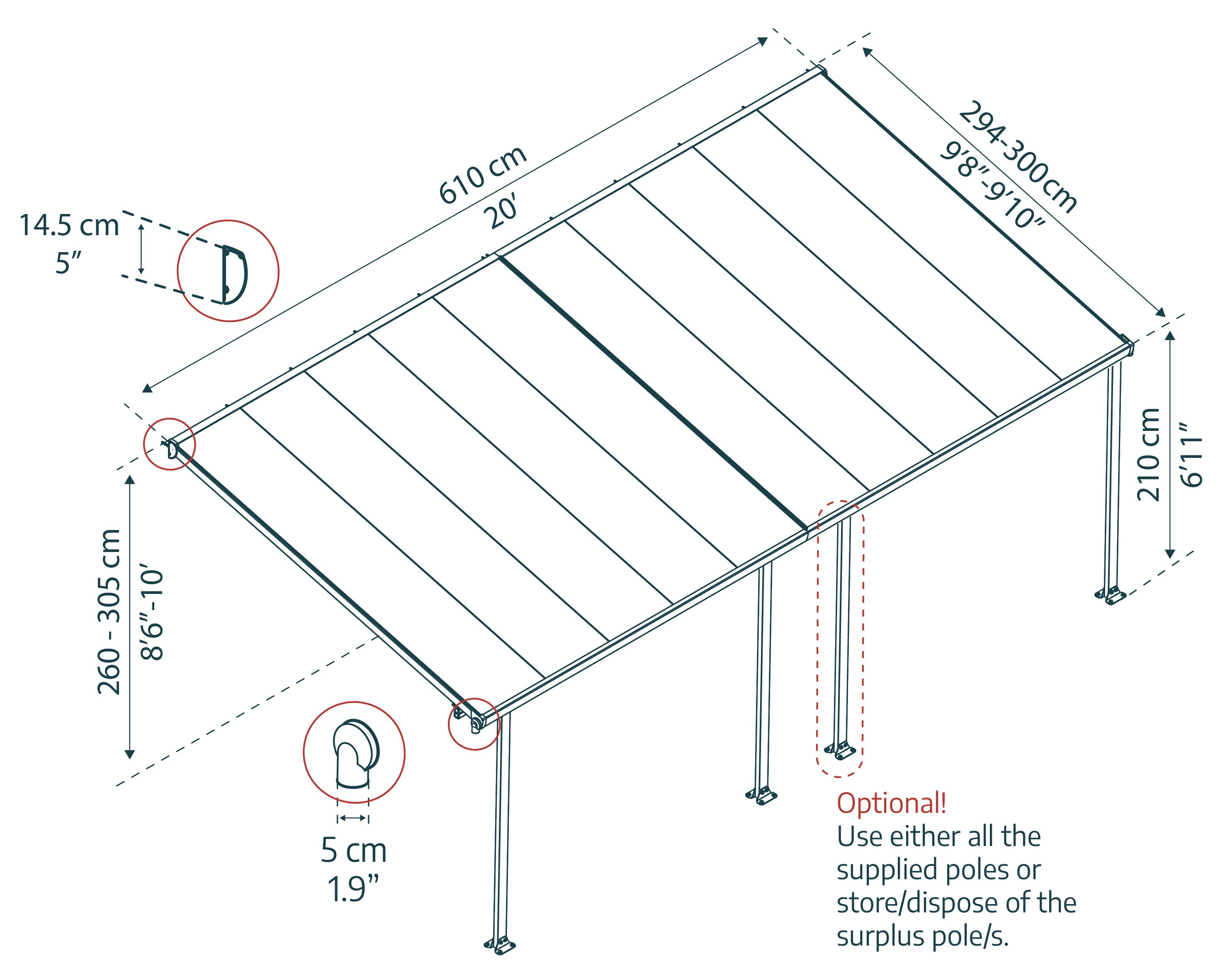 Palram Canopia Feria Terrassenüberdachung anthrazit doppelverglast 610x295x260-305 in cm (LxBxH)