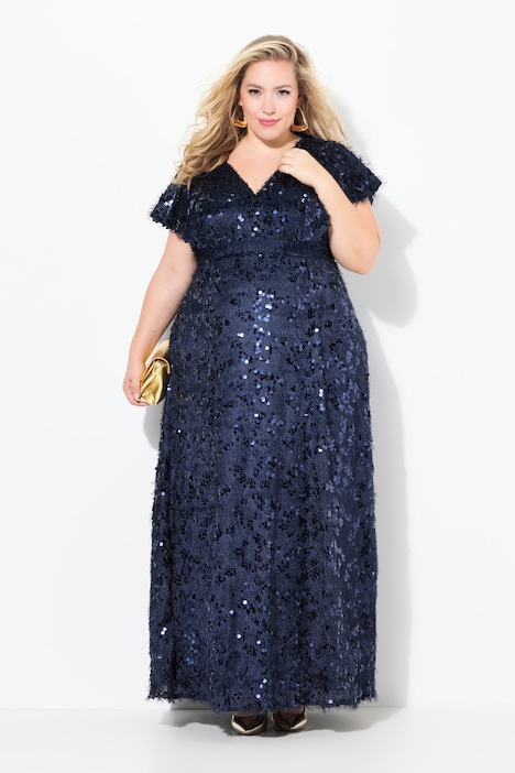Abendkleid, Pailletten, Fransen, V-Ausschnitt, Halbarm