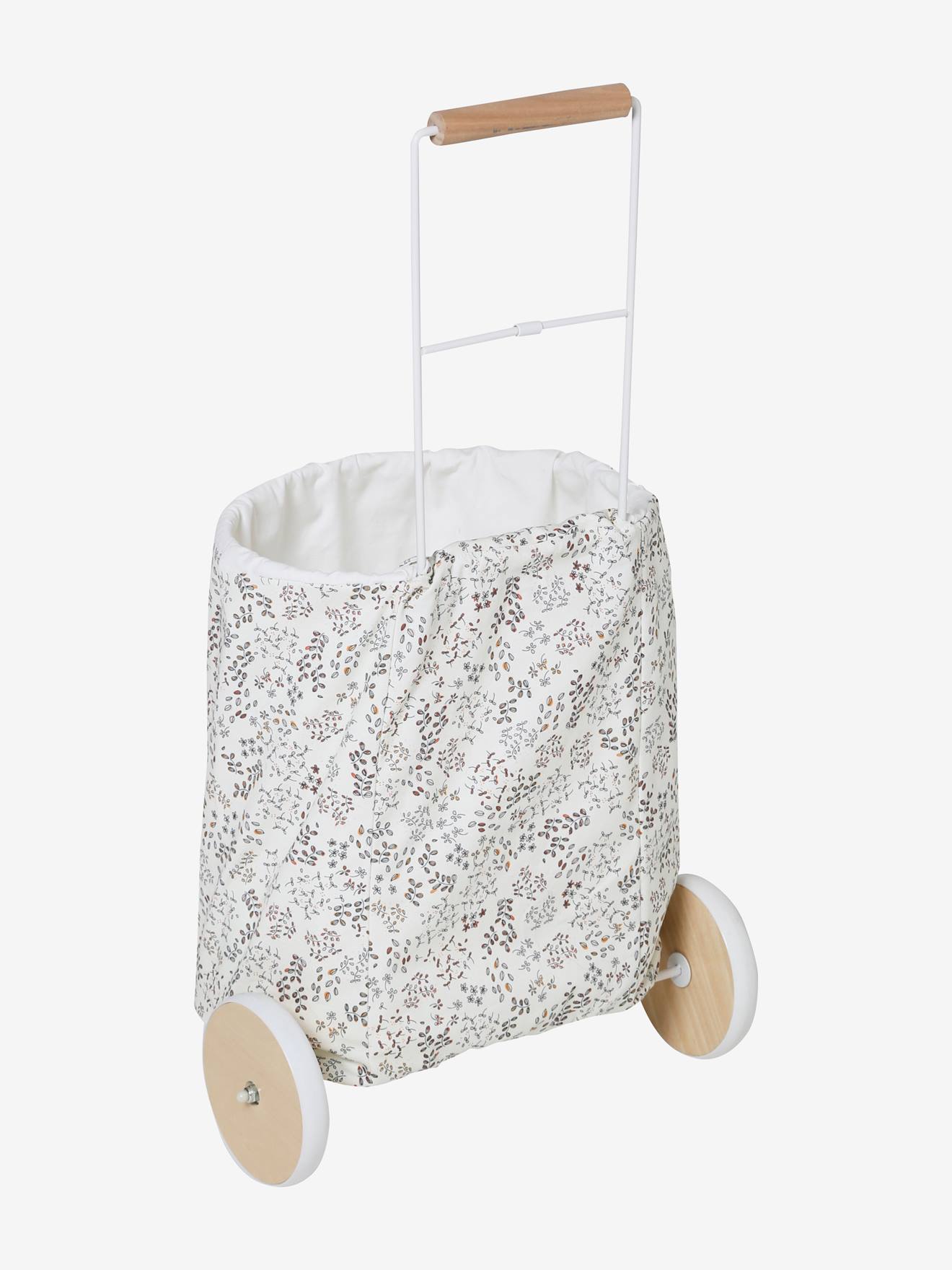 Carrinho de compras com rodas, feito de metal e tecido liso cinza claro com estampas.