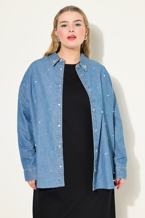 Jeanshemd, oversized, Zierperlen, Langarm