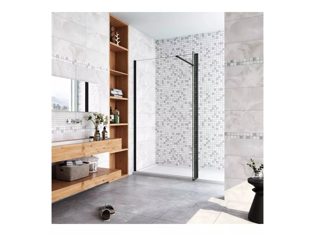 Paroi de douche à l'italienne avec retour pivotant 100+40x200cm avec barre de fixation 90cm recoupable - Noir Mat - 8mm verre anticalcaire
