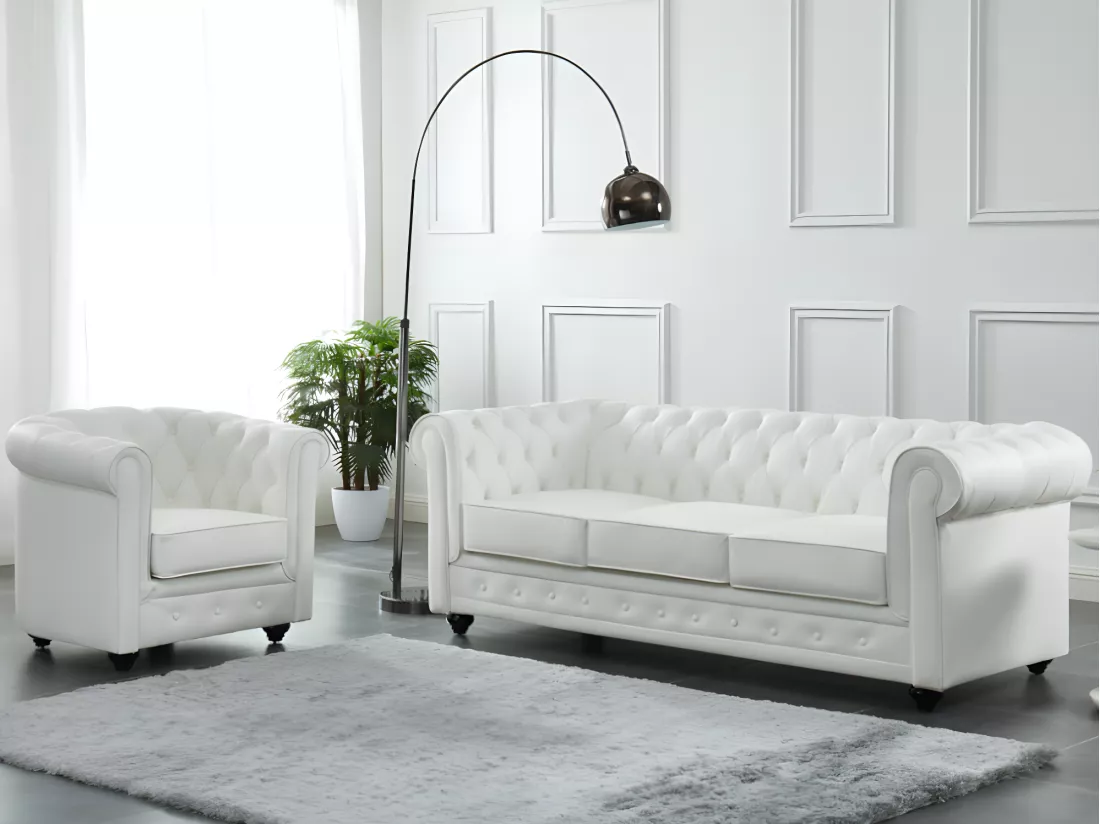 Canapé 3 places en cuir de buffle blanc CHESTERFIELD