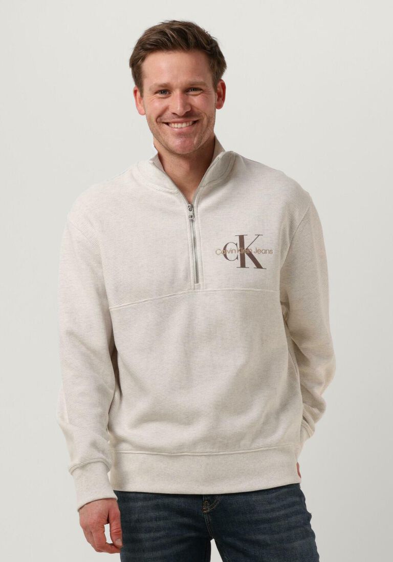 CALVIN KLEIN lichtgrijze calvin klein trui monologo waffle half zip hwk