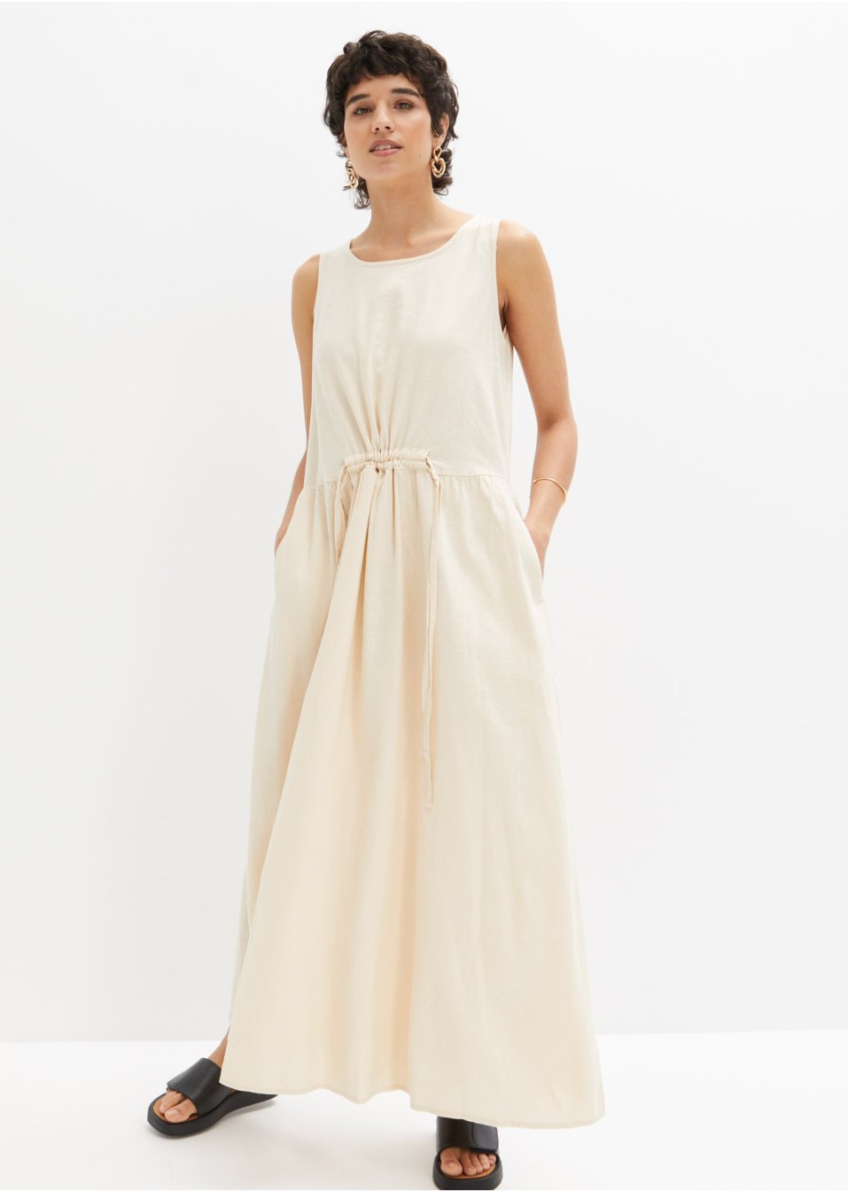 Robe longue tissée avec lin majoritaire et lien coulissant à la taille