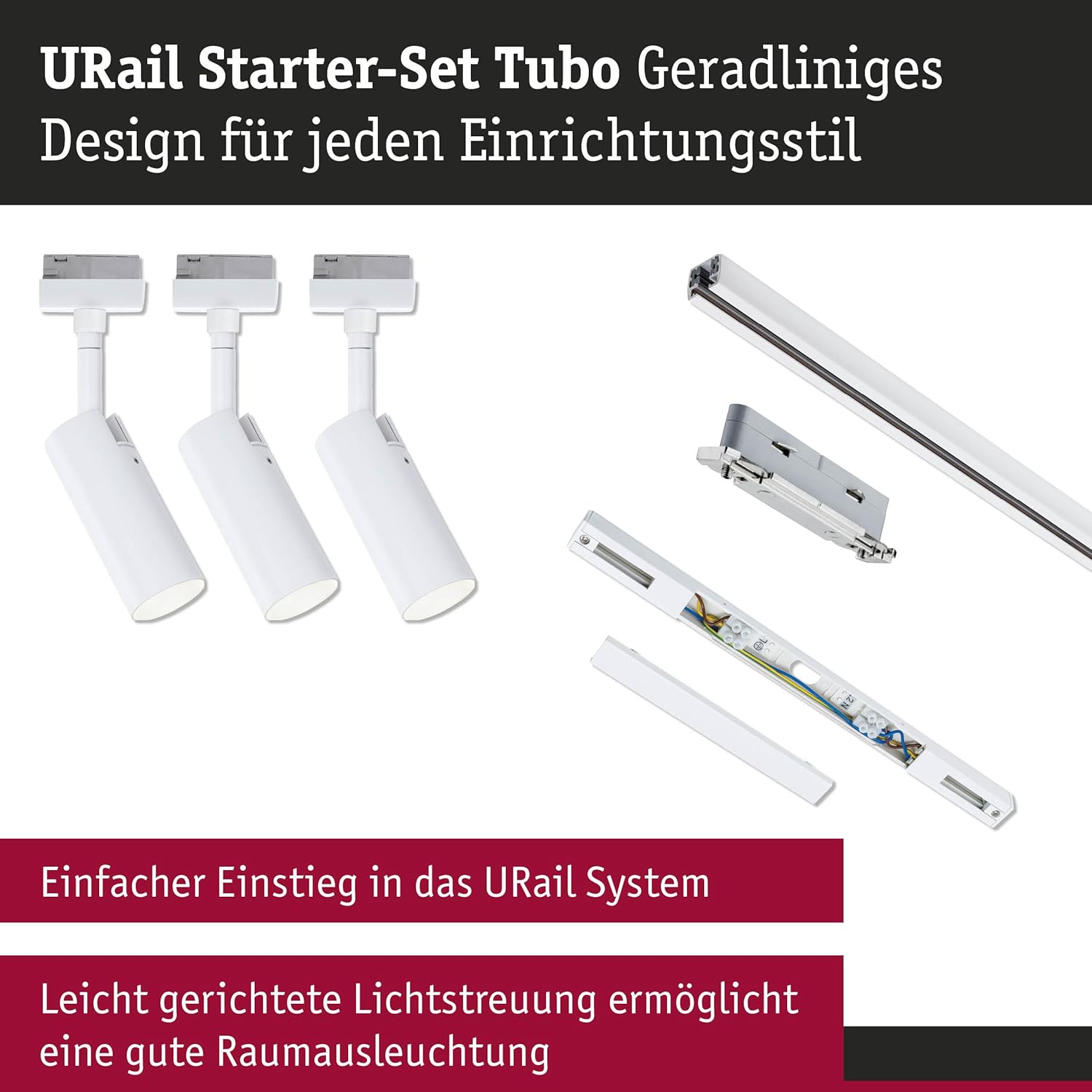Paulmann 5243 URail LED Schienenspot Tubo Starterset 3x150lm 3x4W 3000K dimmbar 230V Signalweiß