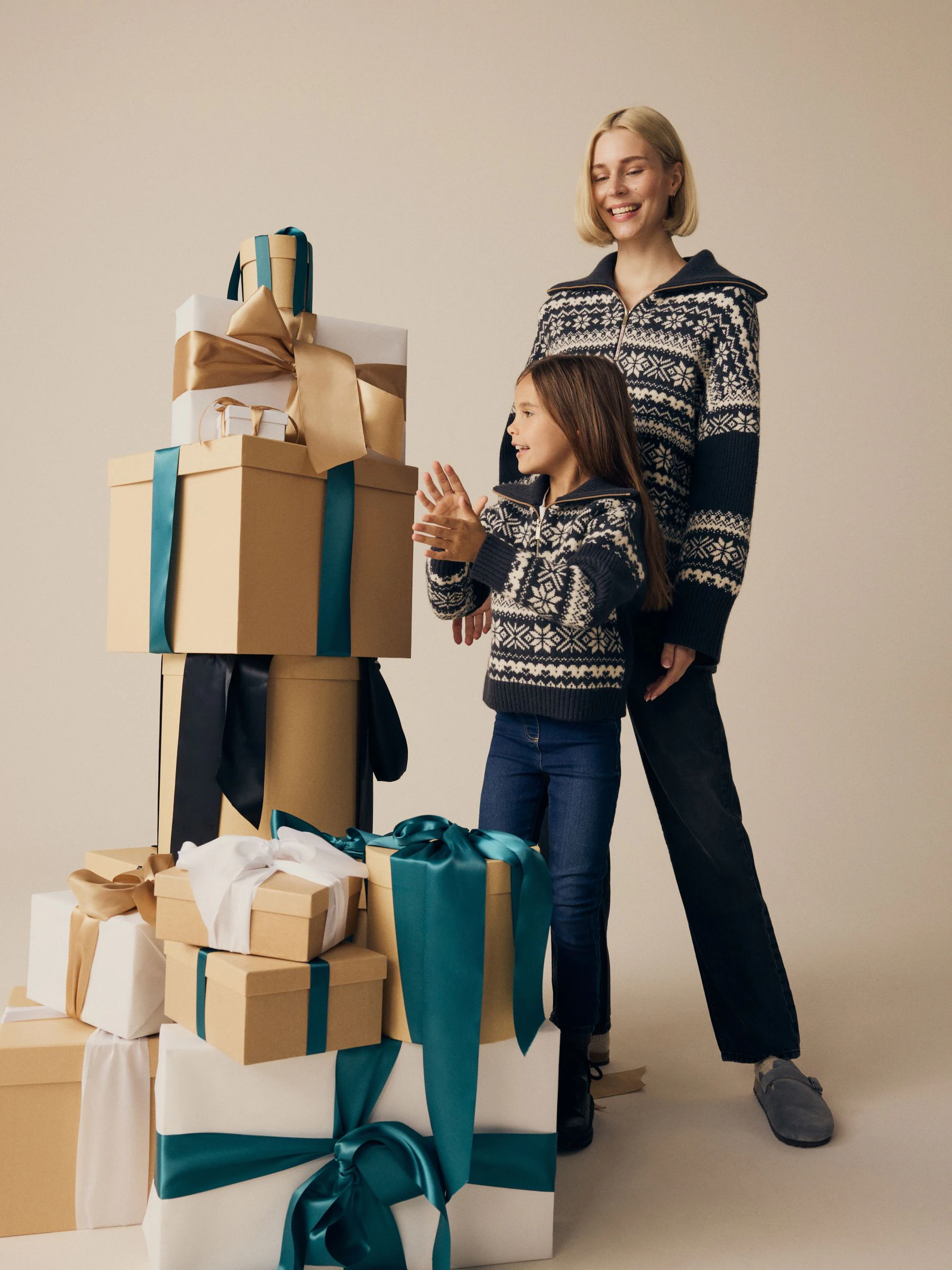 Zwart/wit - Bijpassende familie kersttrui met fair isle-motief voor kinderen (3-16jr)