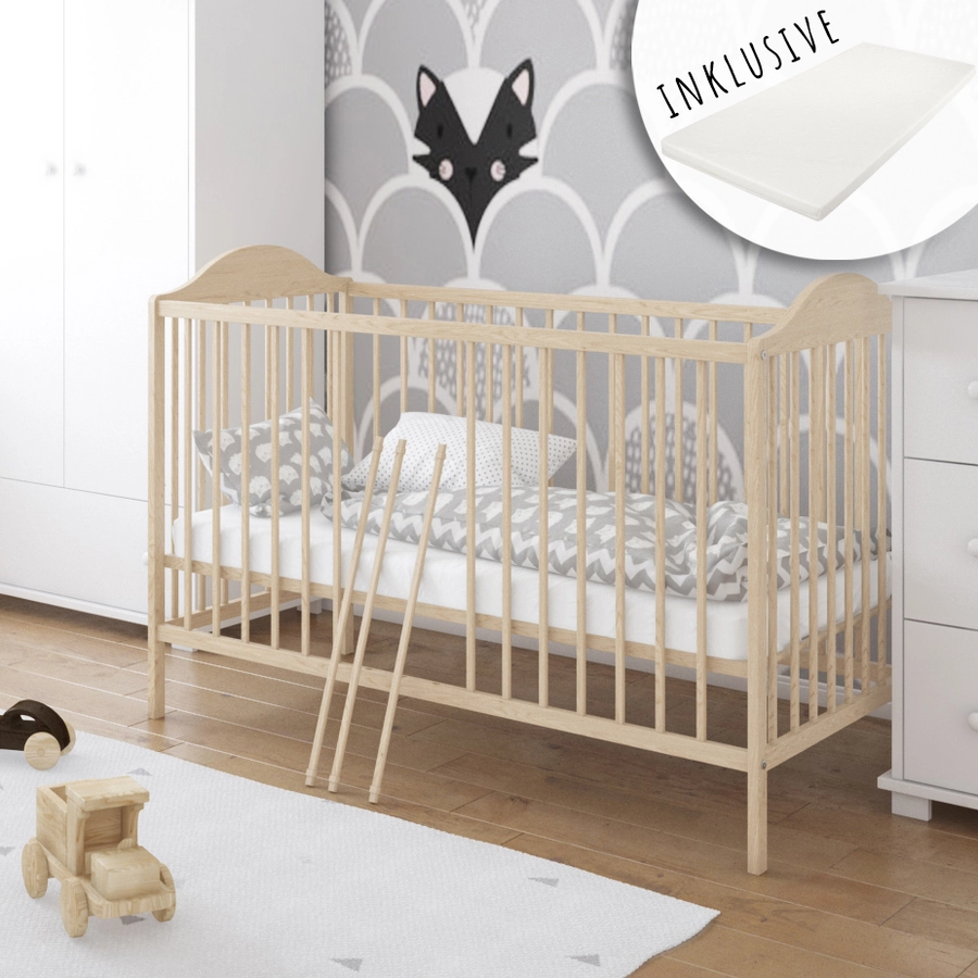 Kids Collective Babybett Gitterbett 60x120 höhenverstellbar | herausnehmbare Sprossen Stäbe natur mit Matratze