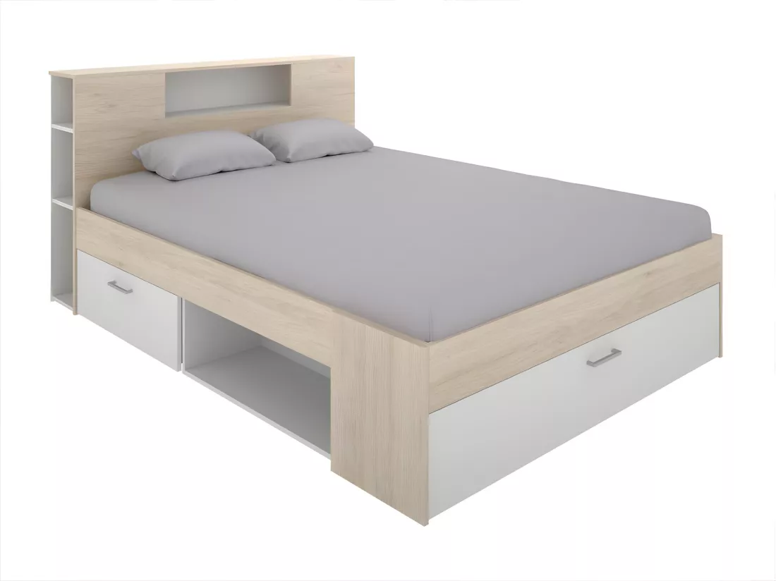 Lit avec tête de lit rangements et tiroirs - 160 x 200 cm - Coloris : Naturel et blanc - LEANDRE