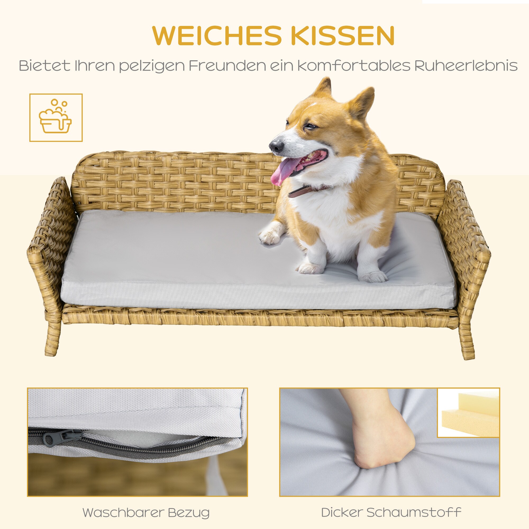 PawHut Rattan Hundesofa mit Rattan-Design natur 84B x 53T x 25H cm