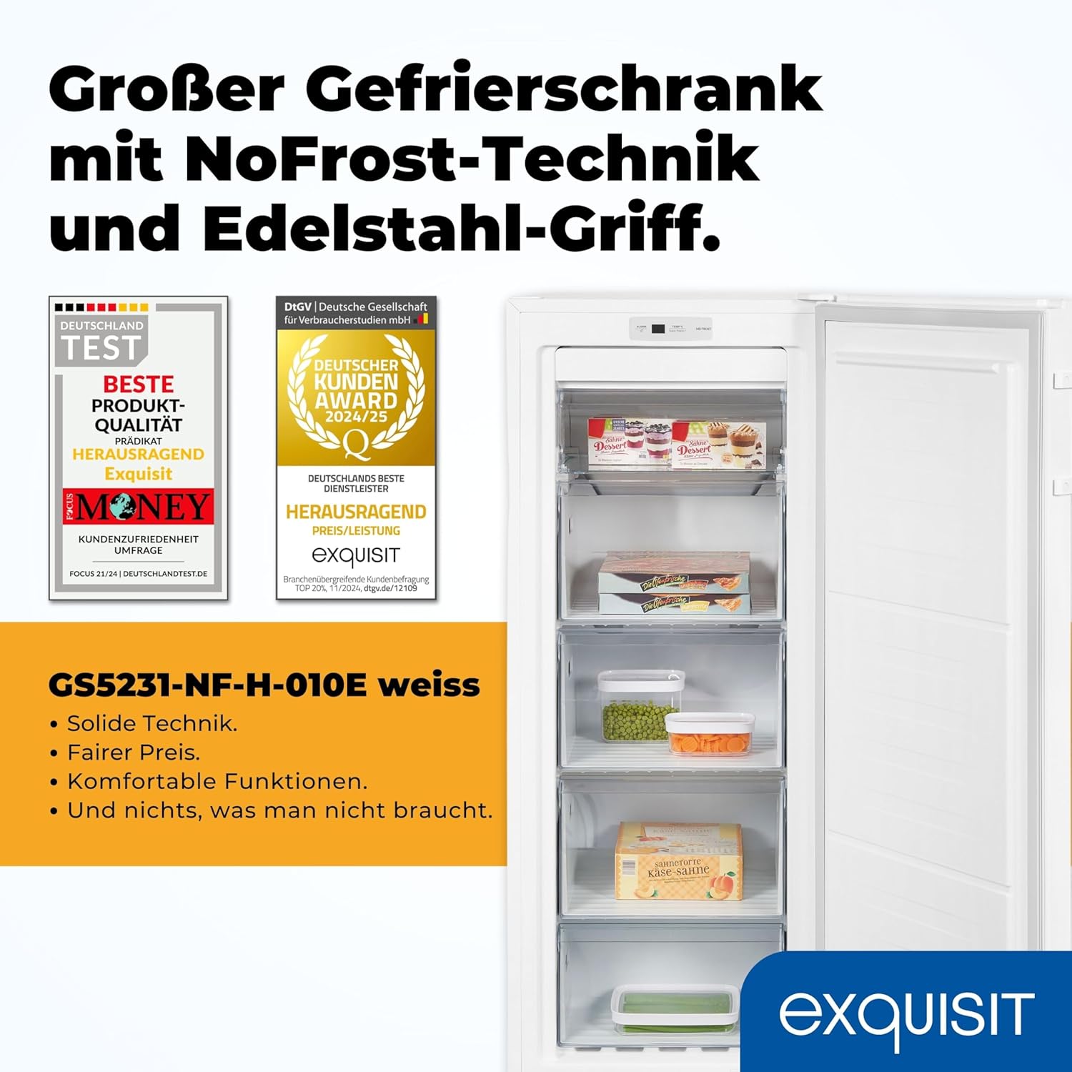 Exquisit Gefrierschrank NoFrost, Tiefkühlschrank groß, 155 Liter, Schnellgefrieren, Alarm-Funktion, GS5231-NF-H-010E weiss