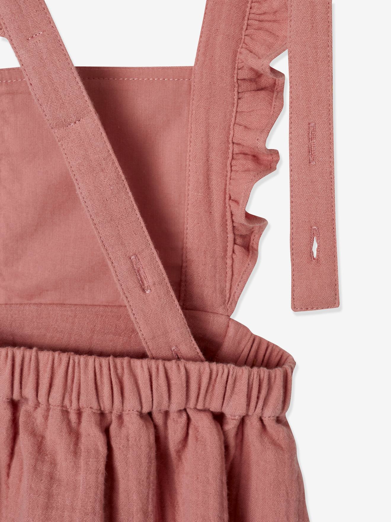 Vestido macacão infantil de chiffon de algodão, rosa liso tamanho médio