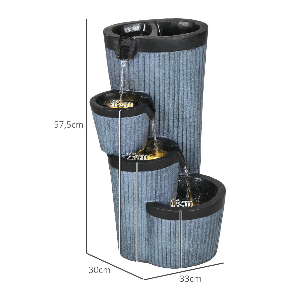 Outsunny Tuinfontein, Solarfontein met LED-verlichting, 4-laags, met bloembak, voor tuin, balkon, 33 x 30 x 57,5 cm, Hars, Donkergrijs
