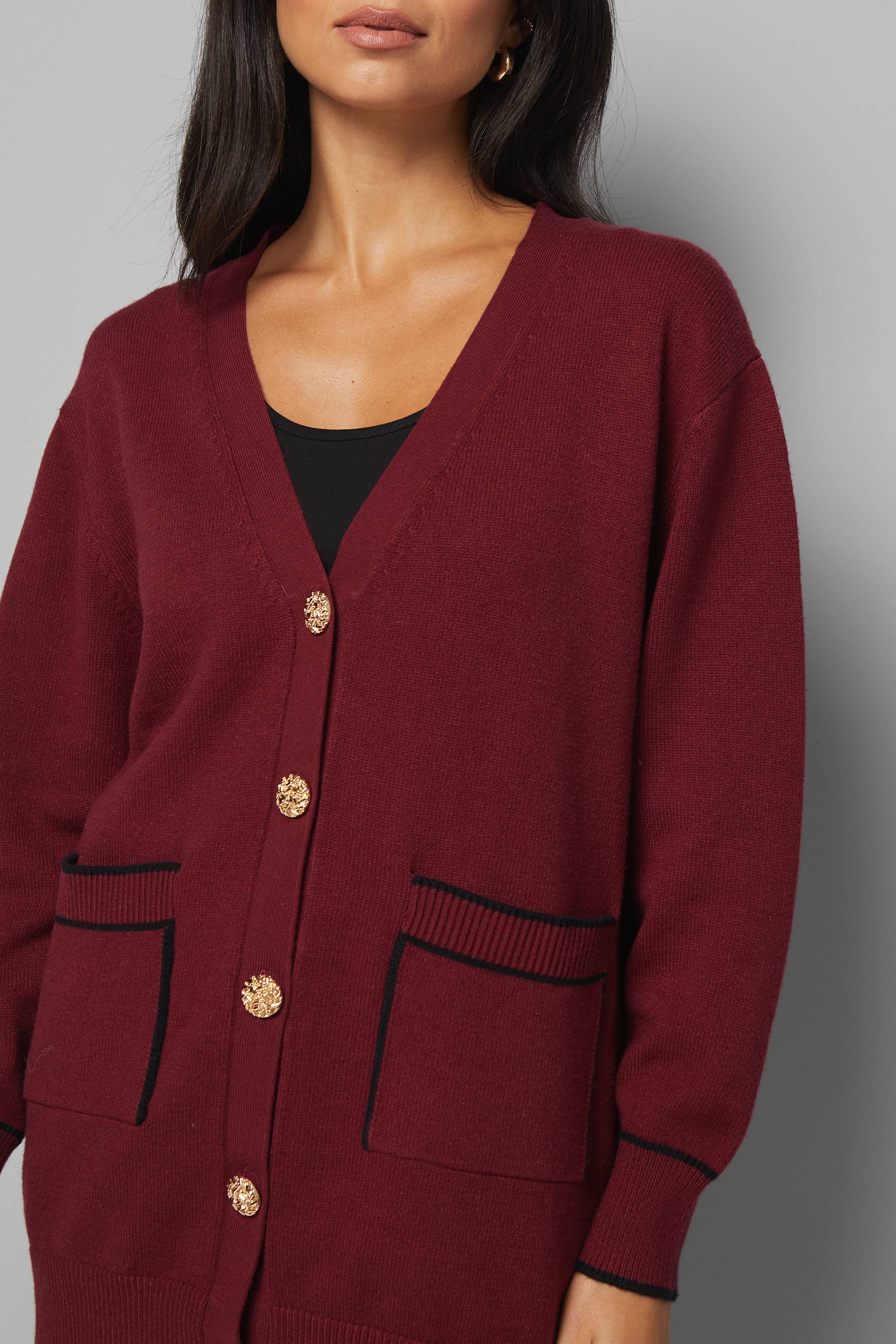 Wallis Cardigan Boutonné à Liserés Cranberry