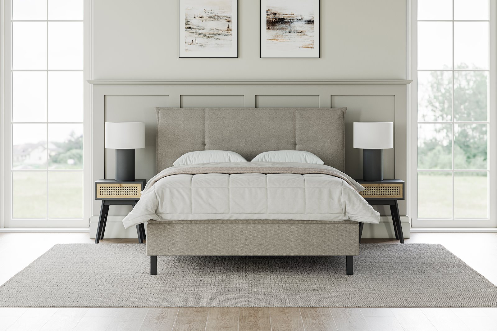 XOV Relax kontinentalseng 210x210 cm I tekstil Bjorn 24 beige, fast, sorte ben og 7cm hypersoft overmadrass, sengegavl selges separat.