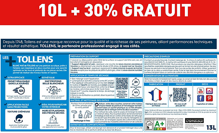 Peinture bicouche murs plafonds boiseries Tollens blanc mat 10L + 30% gratuit