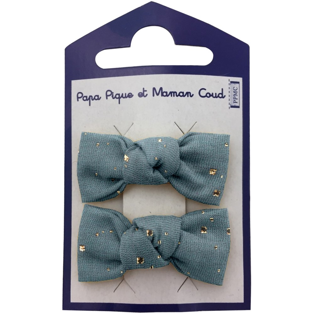Barrettes Clic-Clac Petits Noeuds Gaze Pois Or Bleu Gris