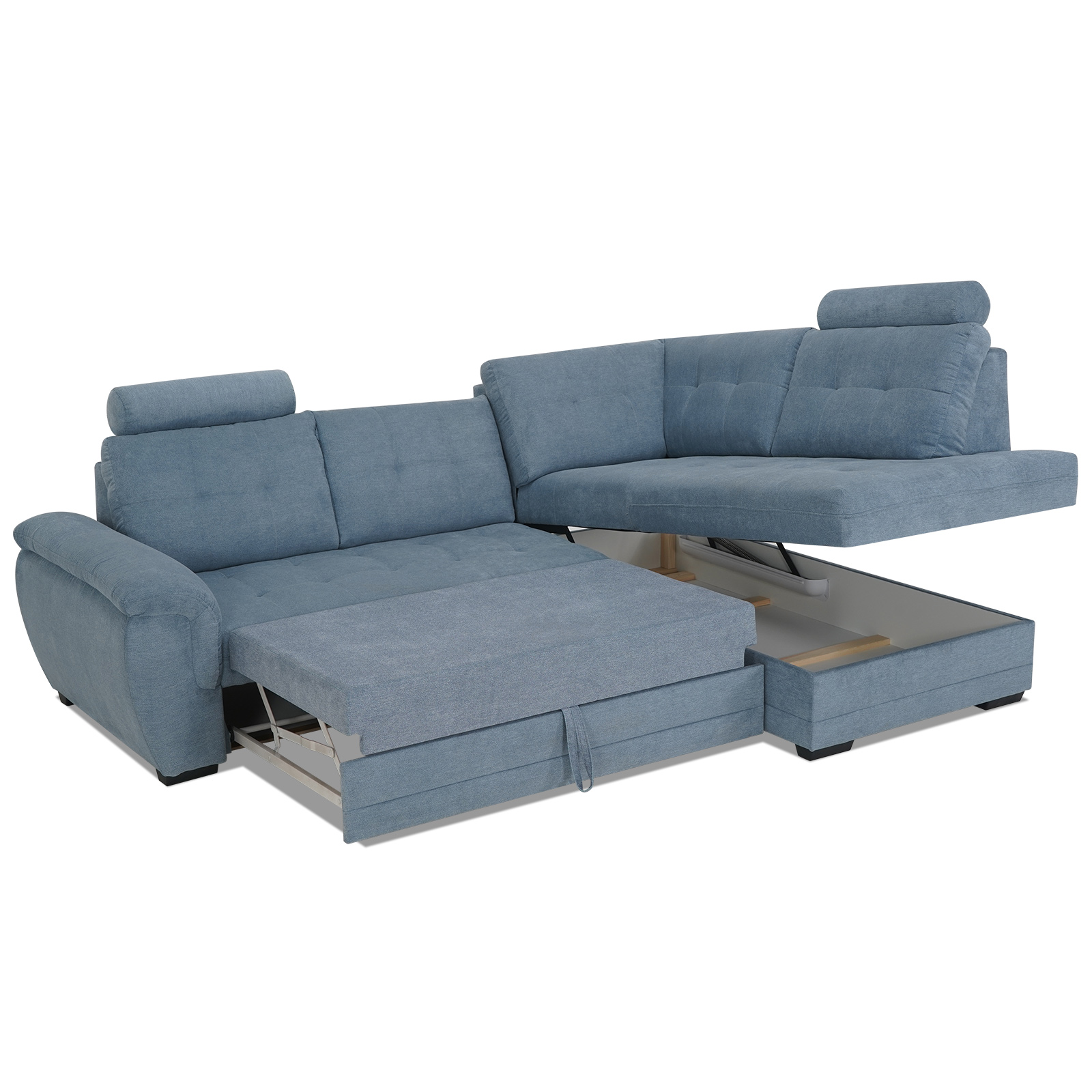 Ecksofa - blue - Velours - Liegefunktion - Staukasten rechts