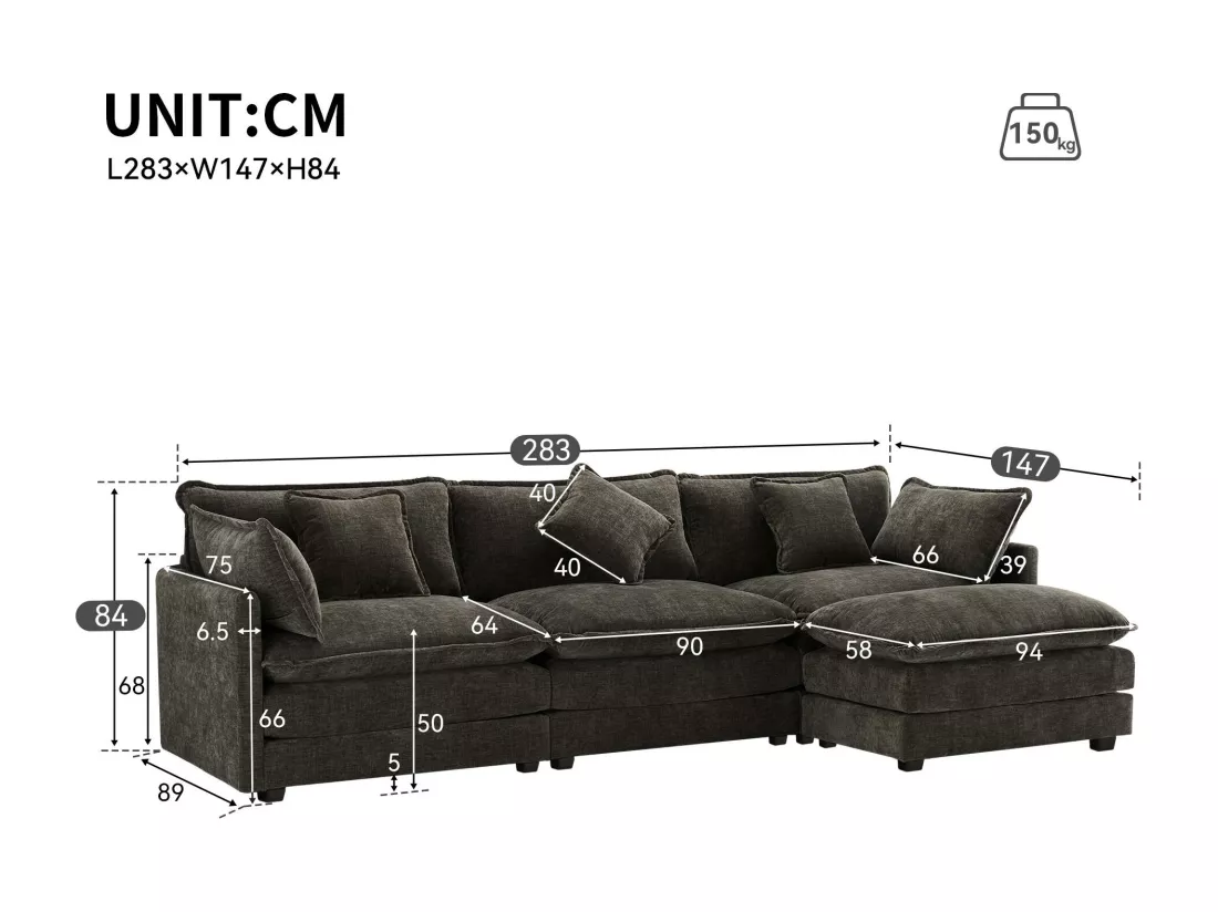 Canapé d'angle 3 places en chenille - avec un repose-pieds modulable - Gris