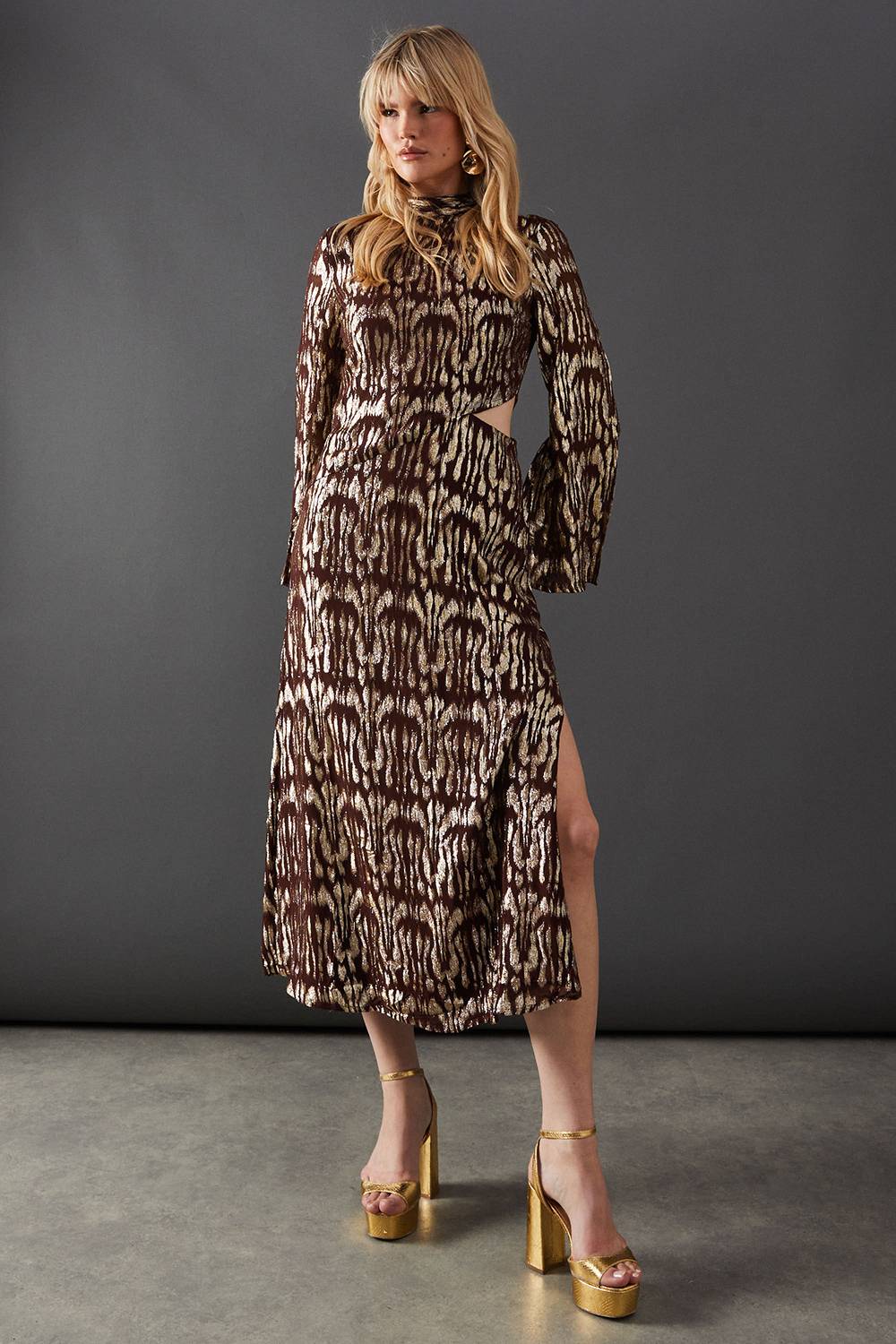 Warehouse Robe Midi en Jacquard Métallique à Motif Animal