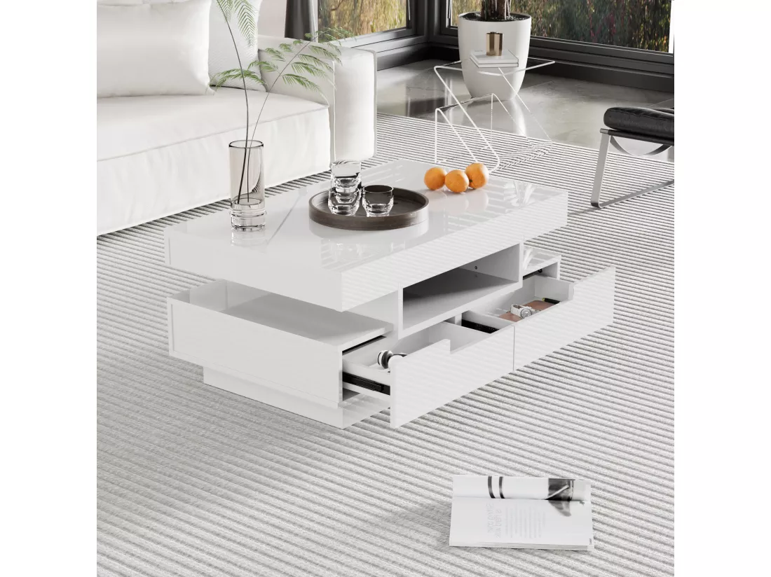 Table basse avec 4 tiroirs - 80 x 50 x 36 cm - LEDs - Panneaux de particules - Blanc