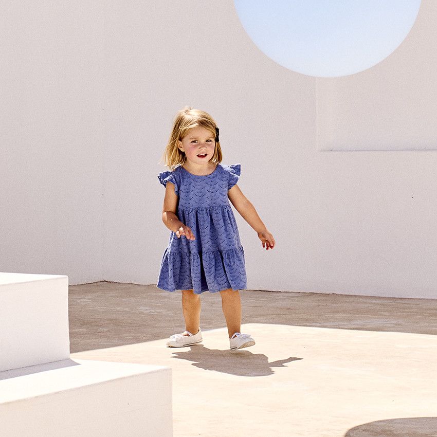 Ensemble 2 pièces uni en broderie anglaise pour bébé fille - Bleu moyen