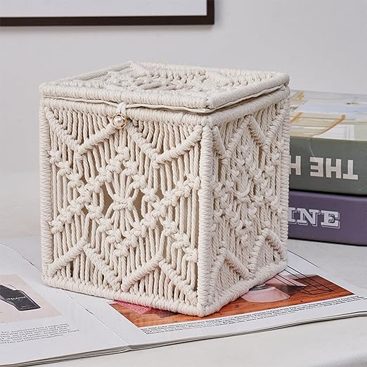 (15x14cm) Makramee Taschentuch Spender Boho Nastuch Dispenser Hygge Lifestyle Kosmetik Tuch Aufbewahrungs Box - Weiss