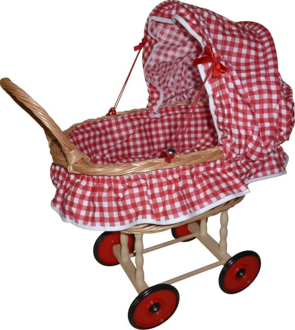 Puppen-Korbwagen mit Garnitur, rot / weiß Karo, ca. 59x34x31 cm, ab 3 Jahren