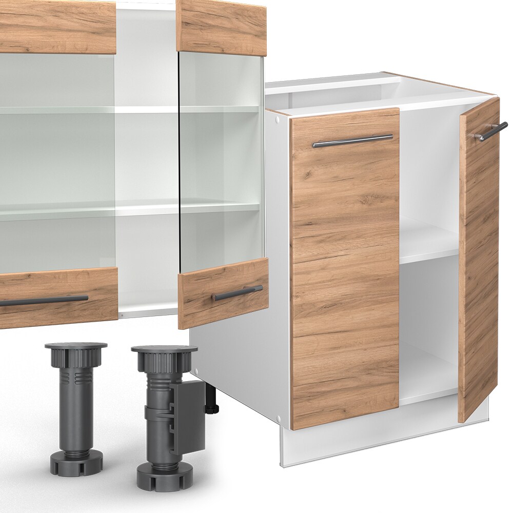 Vicco Küchenzeile Küchenblock Einbauküche Fame-Line Weiß Eiche 300 cm modern Küchen Schränke Schubunterschrank Unterschrank Spülenunterschrank Hängeschrank Mikrowellenschrank Geschirrspülerblende