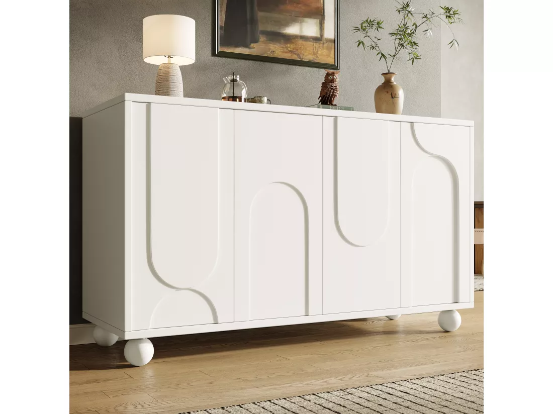 Buffet moderne avec 4 portes - 120 x 35 x 71 cm - MDF - Etagères réglables - pour salle à manger et salon - Blanc