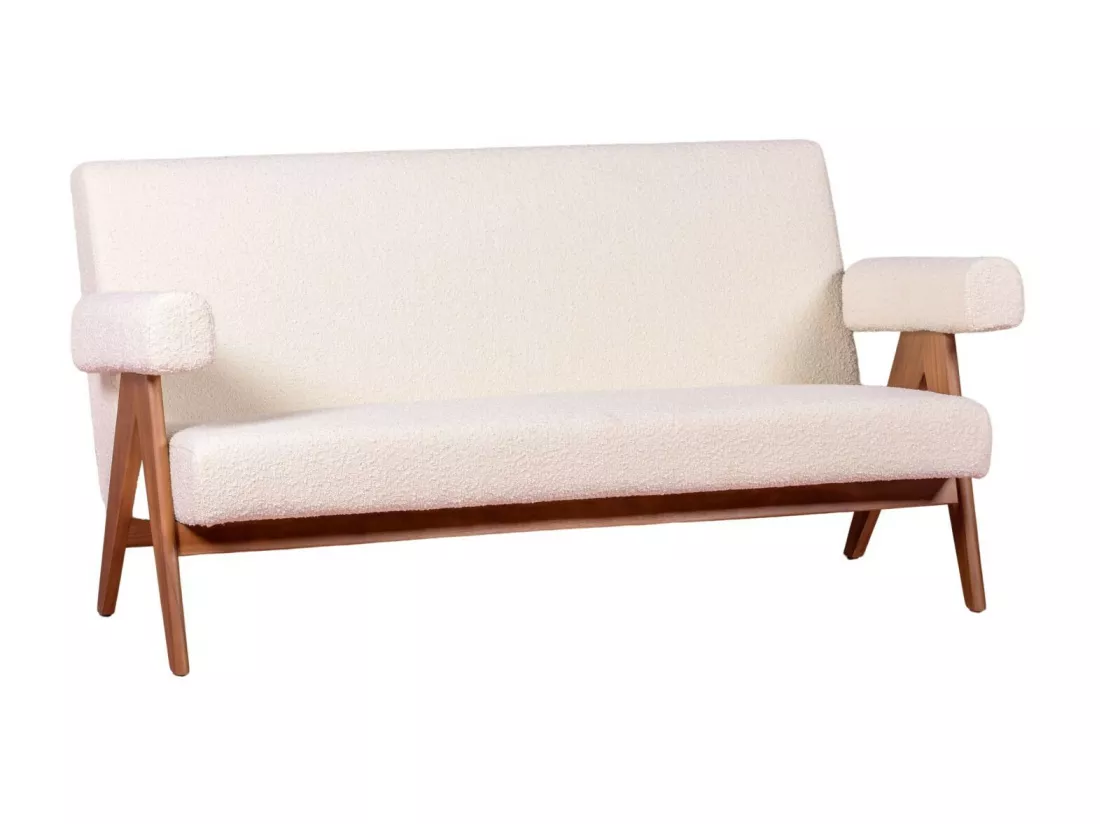 Canapé vintage en bois de teck et revêtement en boucle - Daneu - Blanc