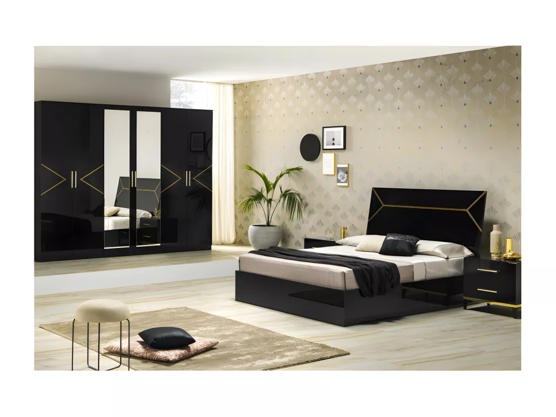 Chambre complète 160x200 Noir brillant/Or - LADABI