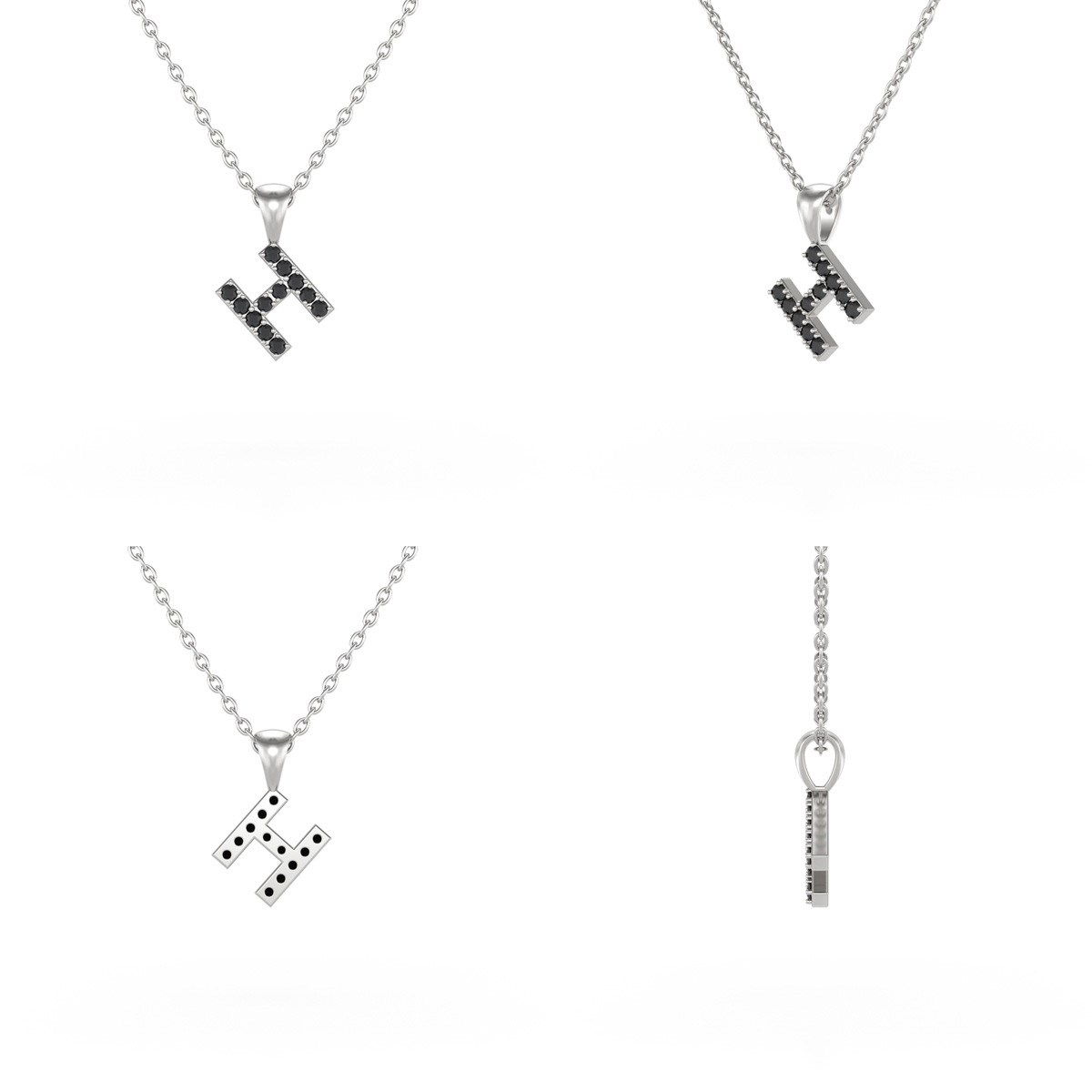 Collier Pendentif ADEN Lettre H Or 750 Blanc Diamant Noir Chaine Or 750 incluse 0.72grs