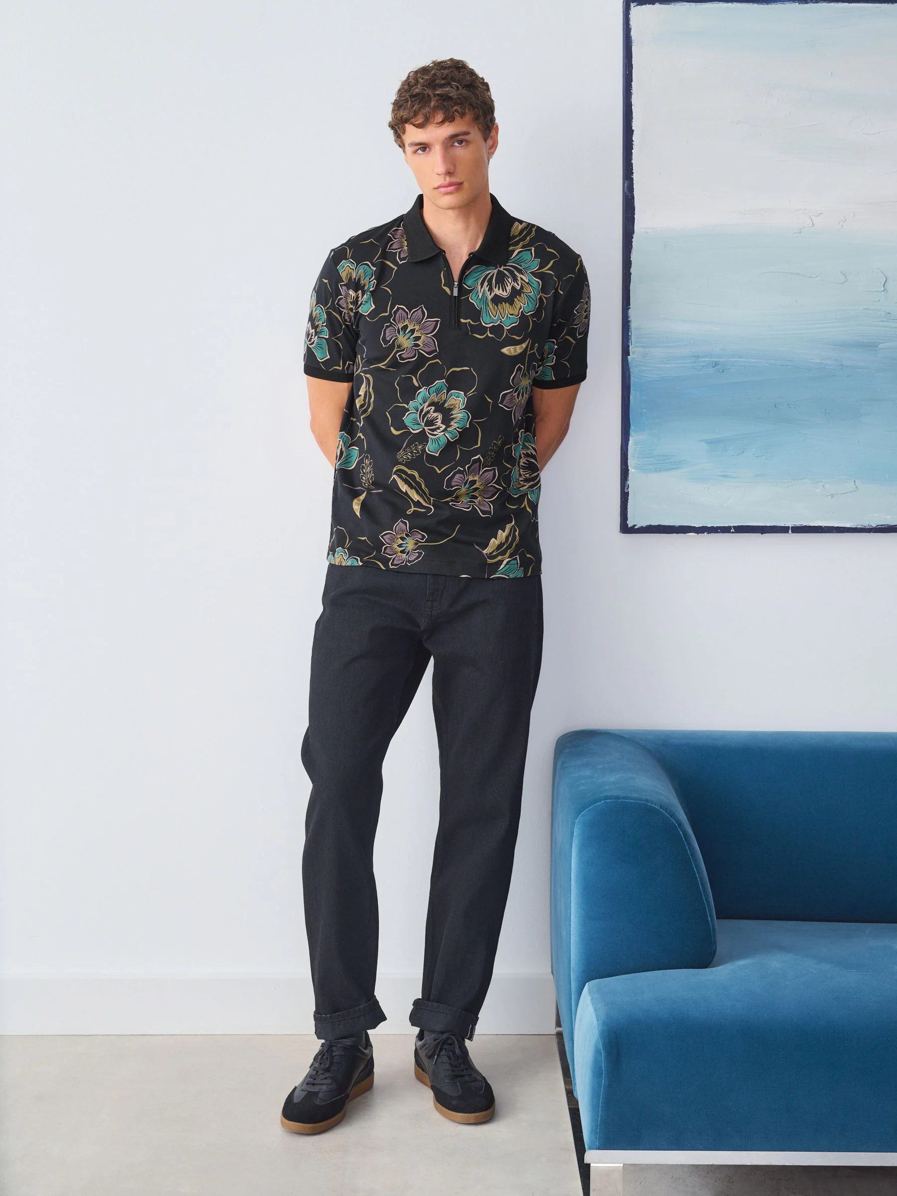 Zwart bloemenprint - Poloshirt met korte mouwen en print