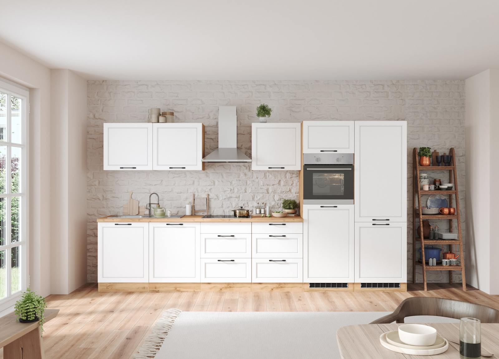 Küchenzeile MERAN - weiß - Wotaneiche - mit E-Geräten - Induktionskochfeld - 360 cm