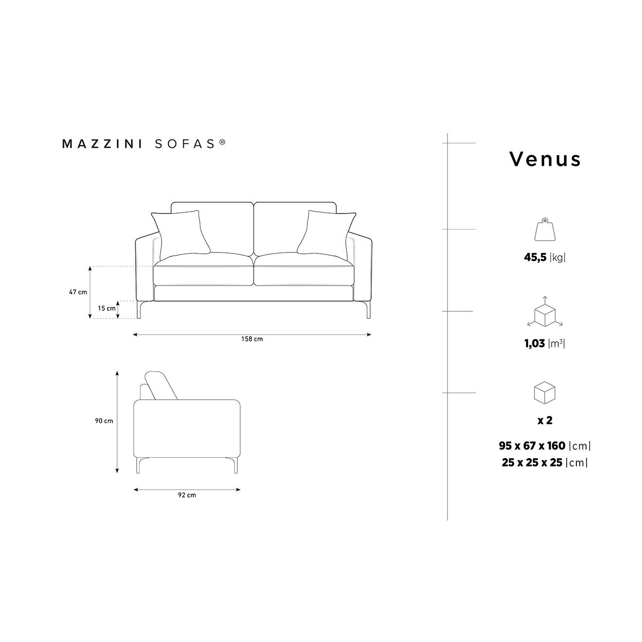 Mazzini Sofas Canapé Venus 2 Places gris foncé - 158x92x90 cm