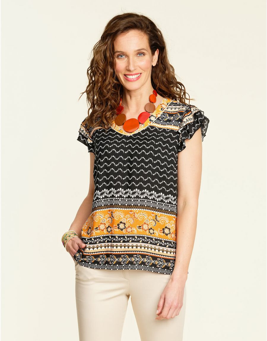 Top chic ocre imprimé